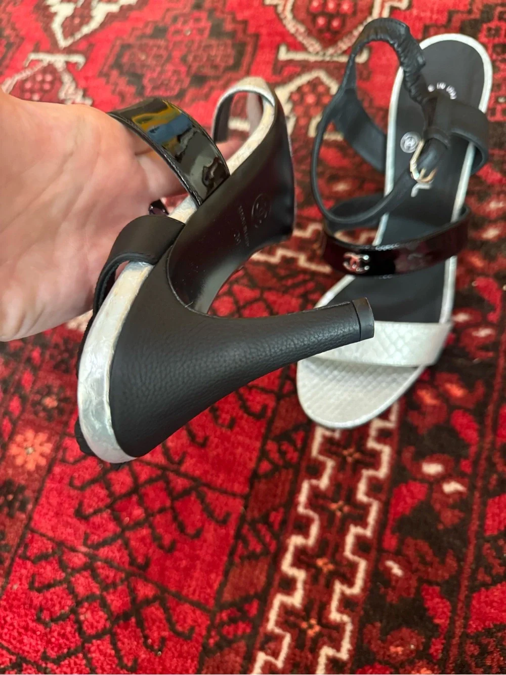Chanel Silver Black Logo Heels 39